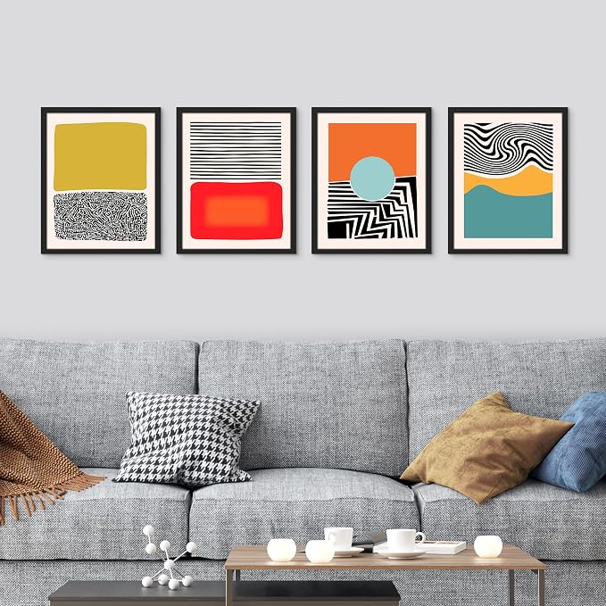SIGNWIN Framed Mid-Century Modern 1980s Geometric Wall Art, Set of 4 Color Blocks Wall Decor Prints, Nature Wilderness Wall Décor for Living Room, Bedroom - 11"x14"Black