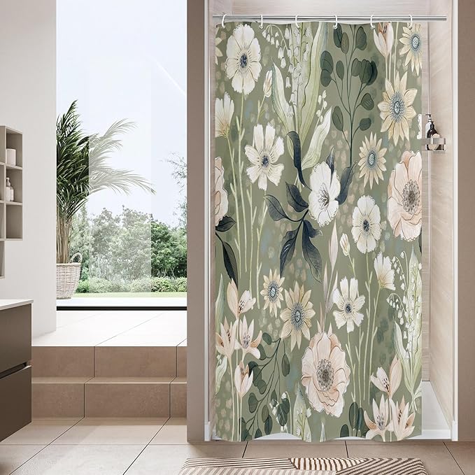 MitoVilla Small Stall Boho Shower Curtain 36 x 72, Modern Floral Narrow Half Size Chic Shower Curtains for Spring Bathroom Decor, Summer Leaves Shower Curtain 36 inch