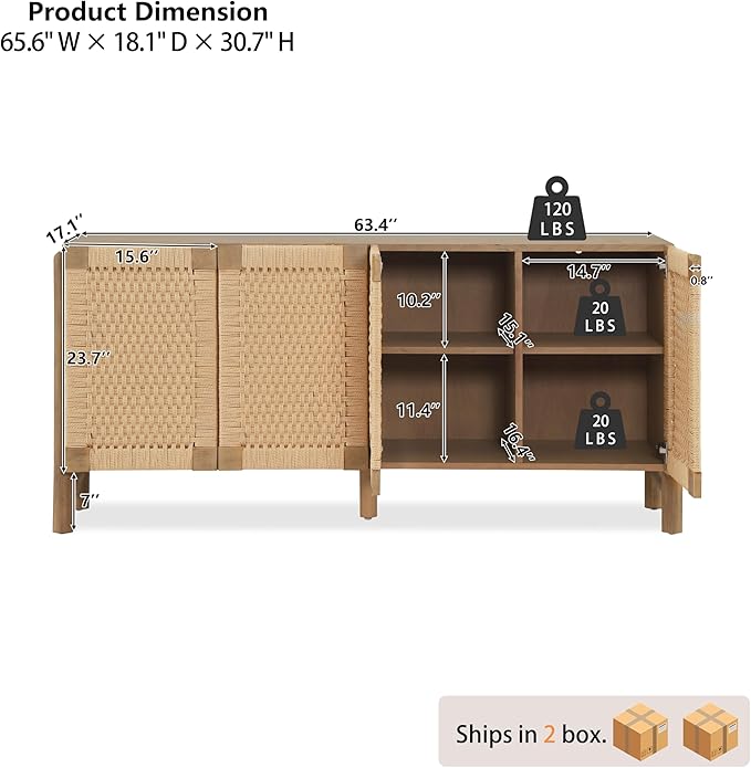 Christopher Knight Home Boho Buffet Cabinet 65.6’’ Modern Coastal Credenza Sideboard Storage Cabinet with Accent Handwoven Paper Rope Doors for Living Room, Dining Room, Hallway & Kitchen, Natural