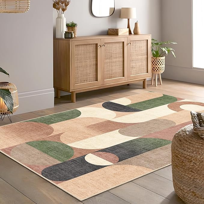 Modern Rug 4x6.5 Washable Area Rugs for Bedroom Living Room Kitchen Entryway Bedside,Small Retro Orange Geometric Non Slip Carpet
