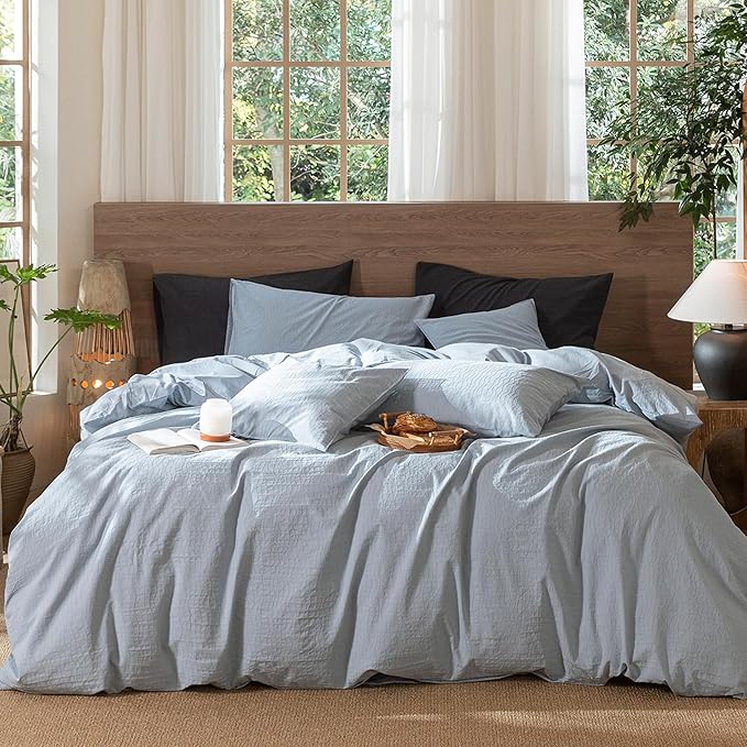 MooMee Wavy Striped Duvet Cover Set 100% Washed Cotton Linen Like Textured Breathable Durable Soft Comfy (Cornflower Blue, Full 80"x90")
