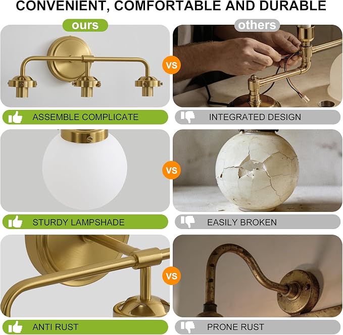 Bathroom Light Fixtures, 18.26'' Gold Vanity Light, Modern Brass 3 Lights Wall Sconce with Milky Glass Globe Shade, Small Bathroom Lighting Fixtures Over Mirror for Bathroom Living Room