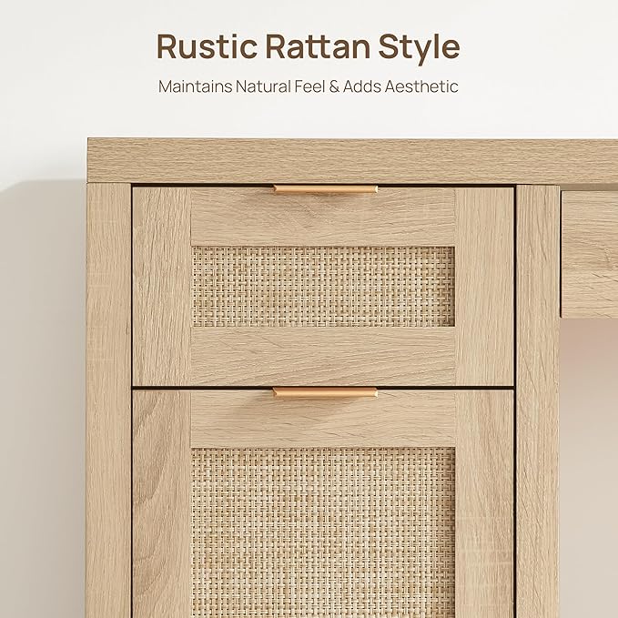 SICOTAS Rattan Executive Desk with Storage - 52" Large Home Office Desk with 3 Drawers and 2 Cabinets, Boho Computer Table for Study, Office, Living Room, Light Oak