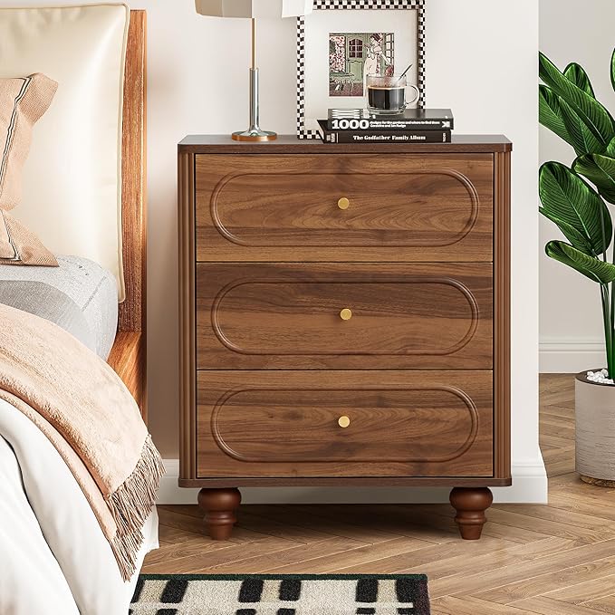 ORRD 3 Drawer Fluted Dresser for Bedroom Set of 2, Mid Century Modern Chest of Drawers, Wood Storage Small Dresser Organizer for Bedroom Living Room Hallway Closet, Walnut