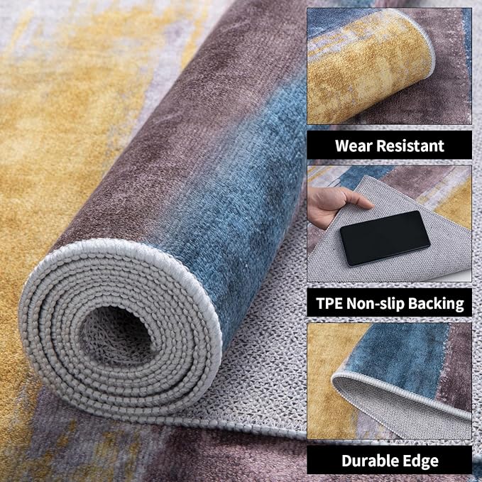 Ciicool 6ft Round Washable Rug, Modern Abstract Circle Rugs, Non-Slip Thin Lightweight Rug Yellow Brown Circular Print Distressed Carpet for Bedroom Living Room Under Dining Table Home Office Decor