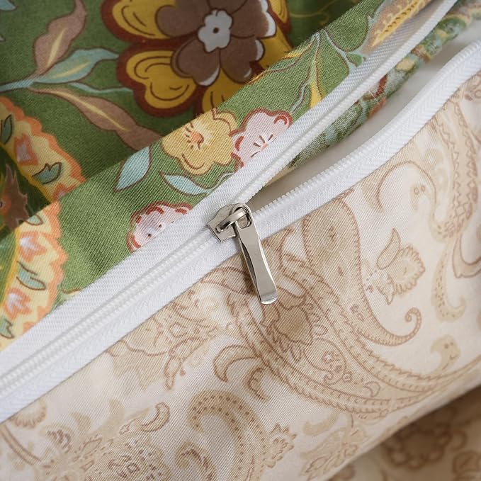 Cozeline 100% Cotton Duvet Cover Queen Size, Green Paisley Pattern Bedding Set with Zipper Closure, 3 Pcs Bohemian Breathable and Soft Duvet Cover for All Season