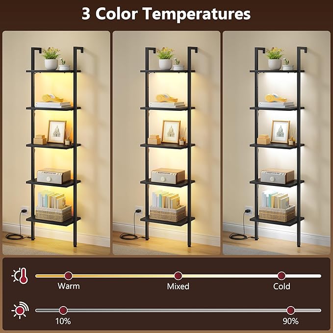 Tajsoon 5 Tier Ladder Shelf with Light, Wooden Wall Mounted Book Shelf, Ladder Bookshelf with Metal Frame, Wall Mounted Ladder Bookshelf for Office, Living Room, Bedroom, Black