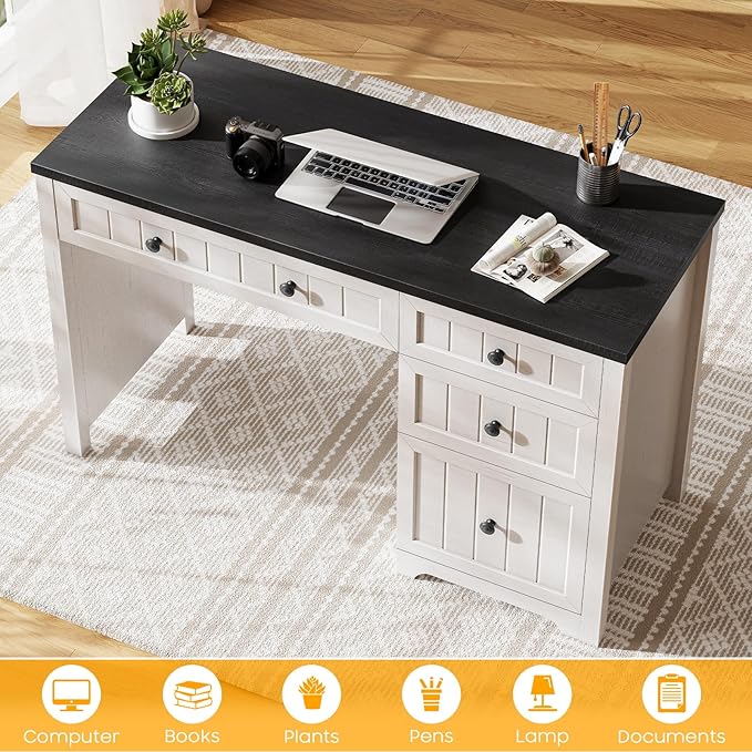 Vabches Farmhouse Executive Desk with 4 Drawers, Home Office Desk with File Drawer, Wood Computer Desk with Storage, Rustic Office Desk for Work Study Writing, Black White