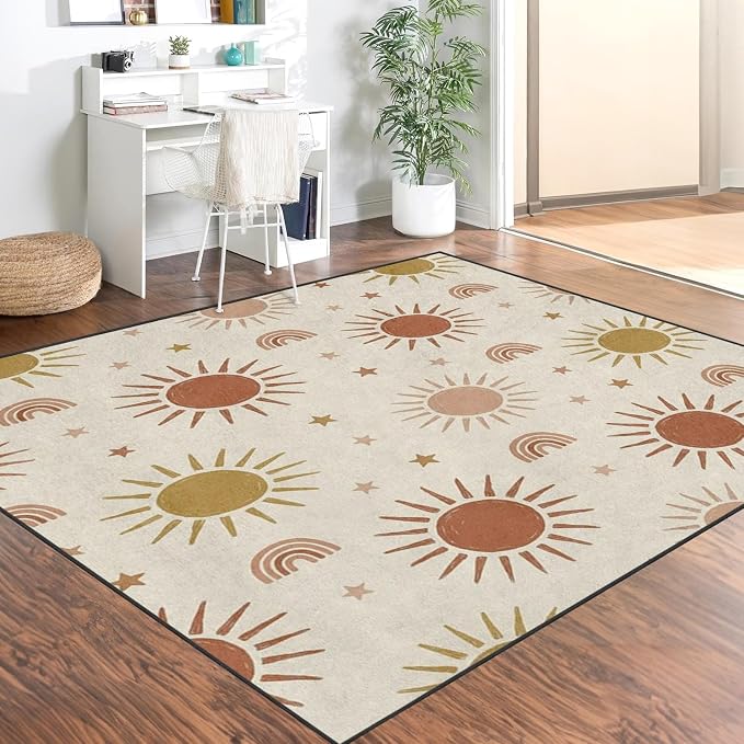 Area Rugs 5'x7' Washable Rug, Boho Sun Rainbow Stain Resistant Non Slip Backing Terracotta Earthy Carpet for Living Room Bedroom Dining Room