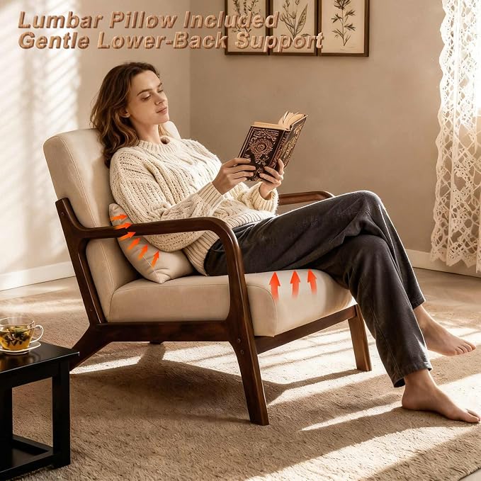 Set of 2 Mid Century Modern Accent Chair - Solid Rubberwood Frame Reading Armchair with Lumbar Pillow - Comfy Linen Lounge Chair for Living Room Bedroom Small Space - Heavy Duty 350lbs