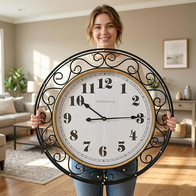 SwallowLiving 30 Inch Vintage Iron Large Black Metal Frame Wall Clock Silent, Battery Operated, Elegant Retro Decor for Living Room, Kitchen, Office, Dining Room, and Bedroom