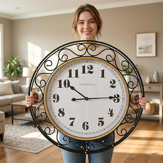 SwallowLiving 30 Inch Vintage Iron Large Black Metal Frame Wall Clock Silent, Battery Operated, Elegant Retro Decor for Living Room, Kitchen, Office, Dining Room, and Bedroom