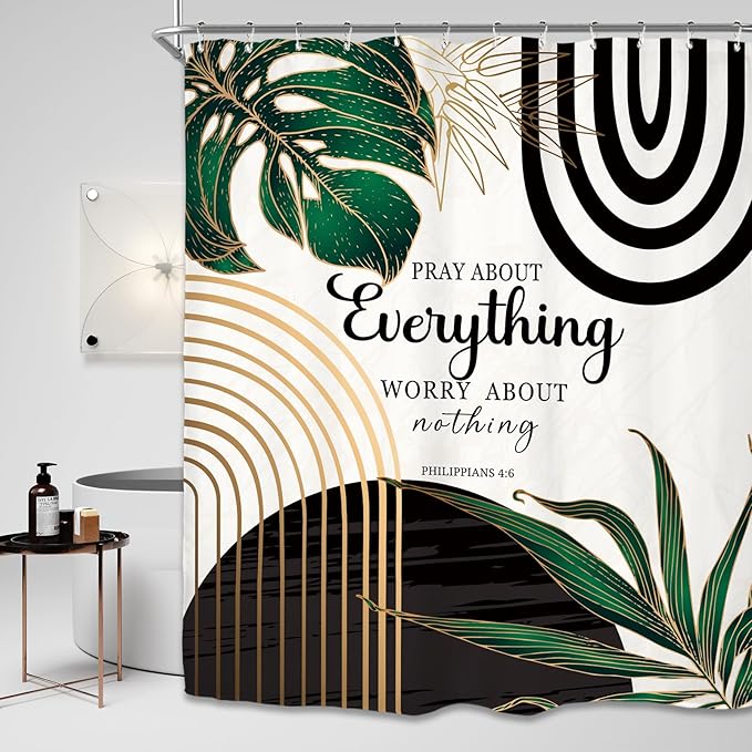 Miyotaa Abstract Minimalist Bible Shower Curtain Set 60Wx71H Inches Emerald Green Aesthetic Modern Quotes Inspirational Motivational Plant Leaves Waterproof Bathroom Curtain with 12 Hooks