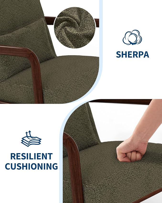 Garvee Mid-Century Modern Accent Chair, Sherpa Upholstery, Solid Wood Armchair with Removable Lumbar Pillow, Sturdy Reading Chair for Living Room, Bedroom, Guest Room, Easy Assembly, Green