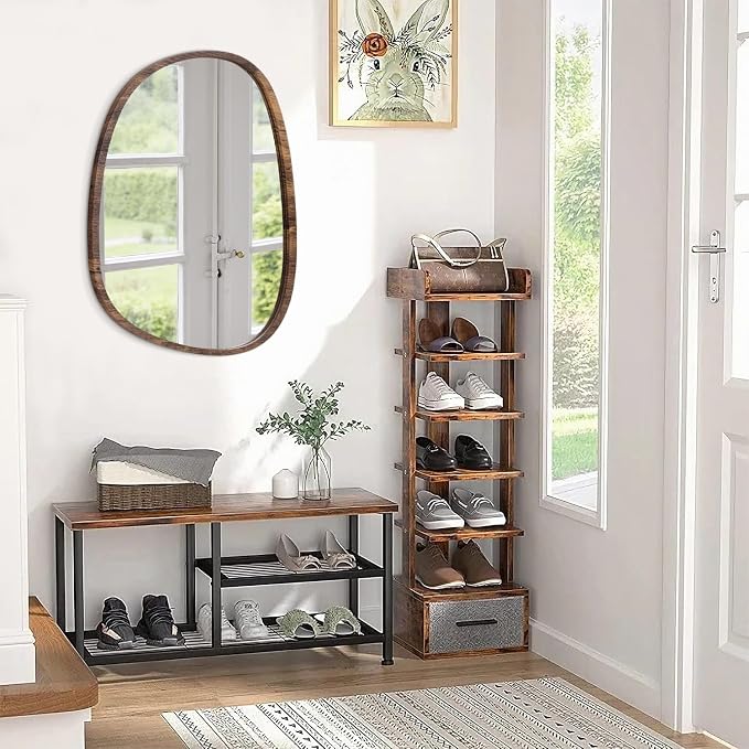 Asymmetrical Wall Mirror with Wood Frame Irregular Modern Hanging Mirror for Wall for Vanity Living Room Bedroom Bathroom Entryway Hallway Modern Unique Decorative Artistic Mirror