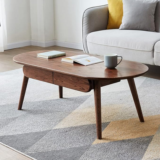47.24" Solid Wood Coffee Table with 2 Hidden Storage Drawers, Easy Assembly Center Table for Living Room, Walnut Finish with Side Table Function (47.24" Coffee Table with Drawers)