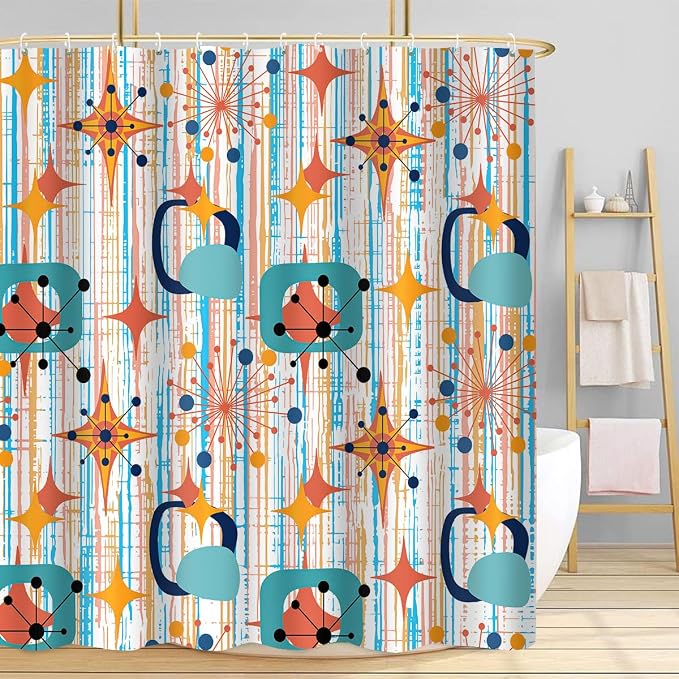 Mid Century Shower Curtain, 72x84inch, Modern Abstract Retro Colorful Striped Geometric Shower Curtain Sets 1950s Boho Bathroom Shower Curtain with 12 Hooks