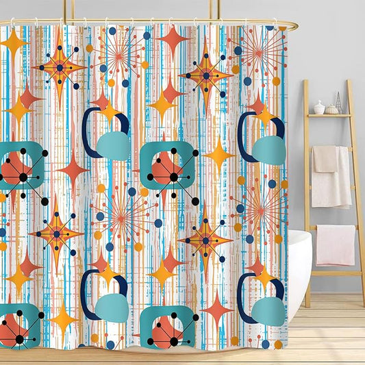 Mid Century Shower Curtain, 72x72inch, Modern Abstract Retro Colorful Striped Geometric Shower Curtain Sets 1950s Boho Bathroom Shower Curtain with 12 Hooks