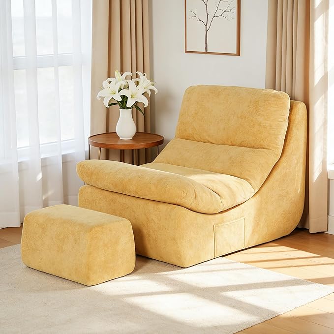 SDHYL Chaise Longue Chair with Ottoman - No Assembly Lazy Sofa Floor Couch for Relaxing, TV & Gaming, Comfy Reading Chair with 2-Layer Foam, Removable Soft Cover & Side Pockets