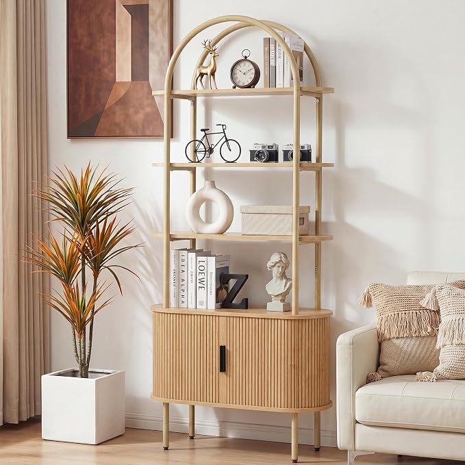 71" Tall Fluted Arched Bookshelf with Sliding Tambour Doors, Mid Century Modern Metal Curved Bookshelf Cabinet with Storage, 4-Tier Open Display Storage Shelf for Home Office, Living Room (Natural)