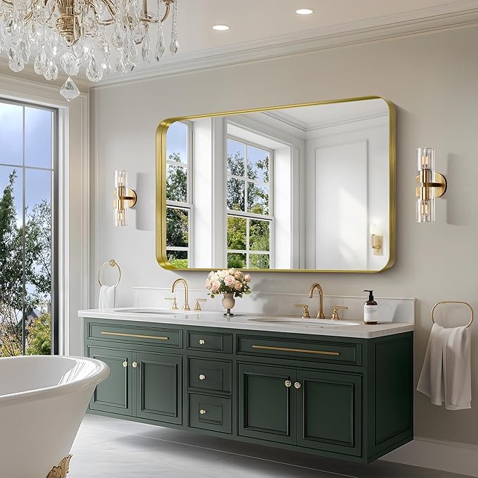 CIRCUMI Gold Bathroom Mirror, 36"x55" Rectangular Mirror with Deep Metal Frame, Rounded Corner, Tempered Glass, Large Mirror for Wall, Over 2 Sinks, Installed Vertically/Horizontally, Crystal-Clear