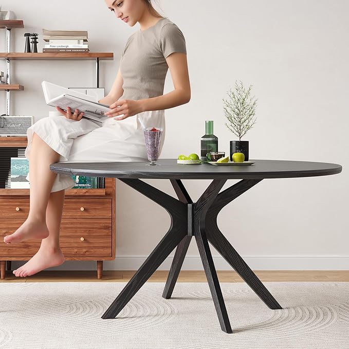 Soohow 47.2" Solid Wood Round Dining Table for 4-6 People with Intersecting Pedestal Base, Circle Kitchen Tables for Dining Room, Kitchen, Black