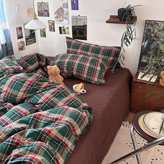 mixinni Vintage Green Buffalo Plaid Washed Cotton Duvet Cover Queen - Soft Breathable Textured Bedding Set with Zipper Closure for All Seasons-1 Duvet Cover + 2 Pillow Shams-Queen Size