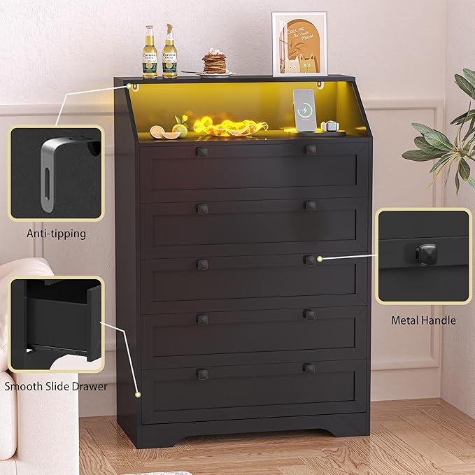 Black Dresser Tall 5 Drawer Dresser for Bedroom, Wood Chest of Drawers with LED Lights, Charging Station, Metal Handles, Modern Storage Cabinet and Organizer Drawers for Living Room, Hallway
