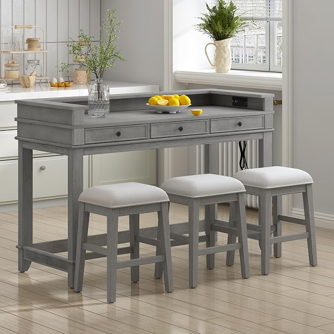 P PURLOVE 4 Piece Dining Bar Table Set with 3 Stools, Multifunctional, Industrial Style, USB Port, Space Saving, Solid Wood, Easy Assembly