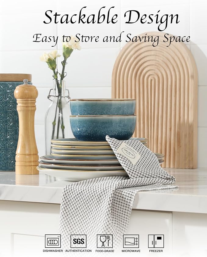 Sweejar 24 Piece Dinnerware Sets for 8, Porcelain Plates and Bowls Set for Kitchen, Housewaring Gift, Chip and Scratch Resistant, Easy Cleaning Dishes Set, Stack Compactly Dishware, Blue