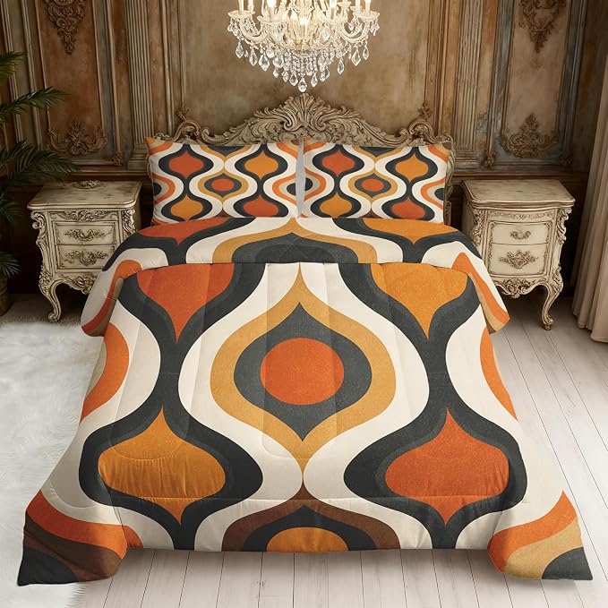 Retro Geometric Queen Size Comforter Sets 3 Piece, Mid Century Modern Printed Pattern, Soft All Season Bed Comforter & 2 Pillow Sham, Vintage Groovy Bedroom Decor Reversible Bedding D-GM24