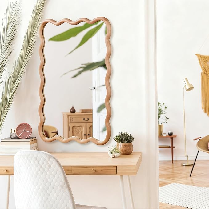 36x24 Inch Wooden Wavy Rectangle Wall Mirror, Modern Solid Wood Frame Decorative Accent Mirror for Bedroom, Bathroom, Living Room, Entryway, Natural Wood Color