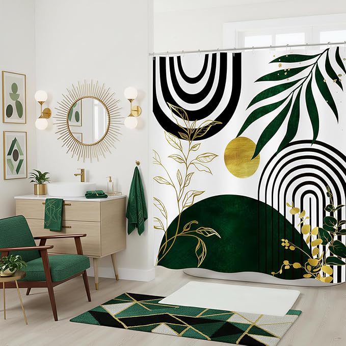 Olive Green and Gold Boho Mid Century Shower Curtain, Modern Minimalist Leaf Arch Sun Shower Curtains for Bathroom Waterproof Fabric Bath Curtain 72x72 Inch with 12 Hooks