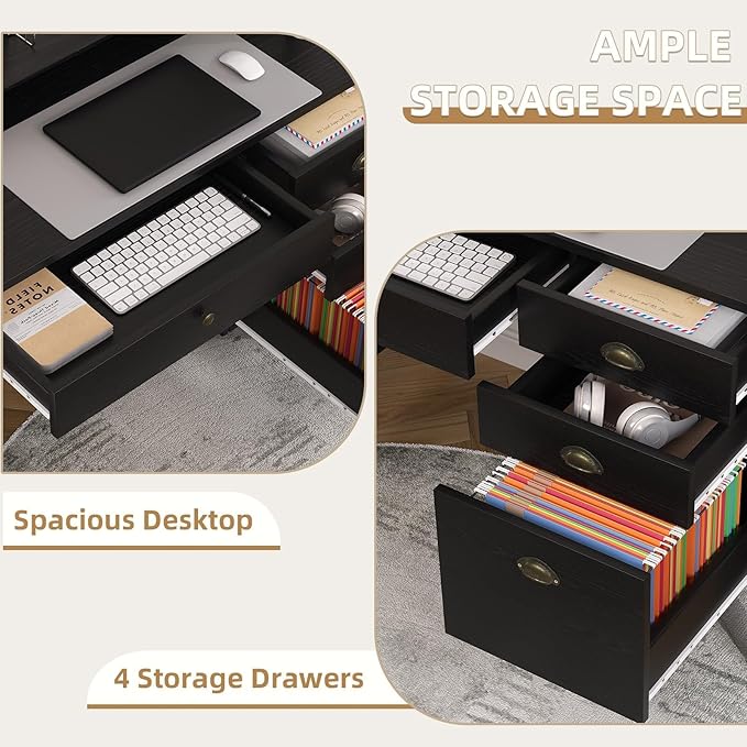 4 EVER WINNER Black Desk with Drawers, Small Desk with File Drawer and Monitor Stand, Computer Desk with Storage, Writing Desk for Bedroom Home Office, Black