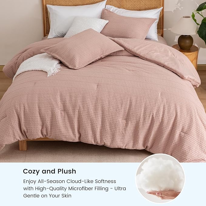 PHF Soft Waffle Comforter Set Queen Size- Comfy Breathable Waffle Weave Comforter with 2 Pillow Shams, 3 Pieces Less Snagging Lightweight Textured Bedding Set for All Season, Rose Pink