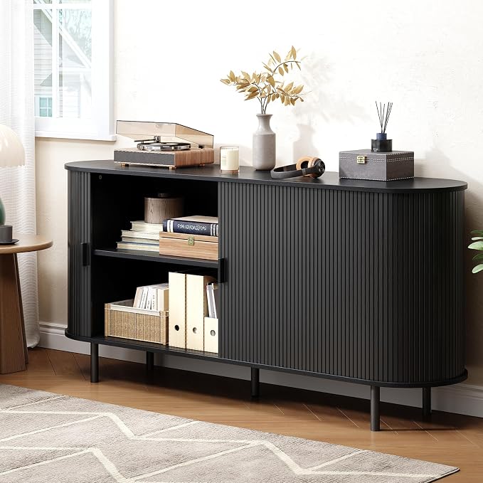 Buffet Cabinet with Storage, Fluted Sideboard Buffet with Sliding Door, Coffee Bar Cabinet with Adjustable Shelf, Console Table, Accent Table for Entryway, Kitchen (Black, 63 Inch)