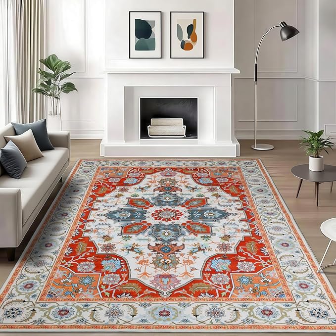 WILLSUN Washable Area Rugs, 6x9 Non-Slip Boho Large Area Rugs for Living Room, Bedroom, Machine Washable Vintage Rug, Indoor Floral Print Carpet for Home Decor, Kid & Pet Friendly Mat