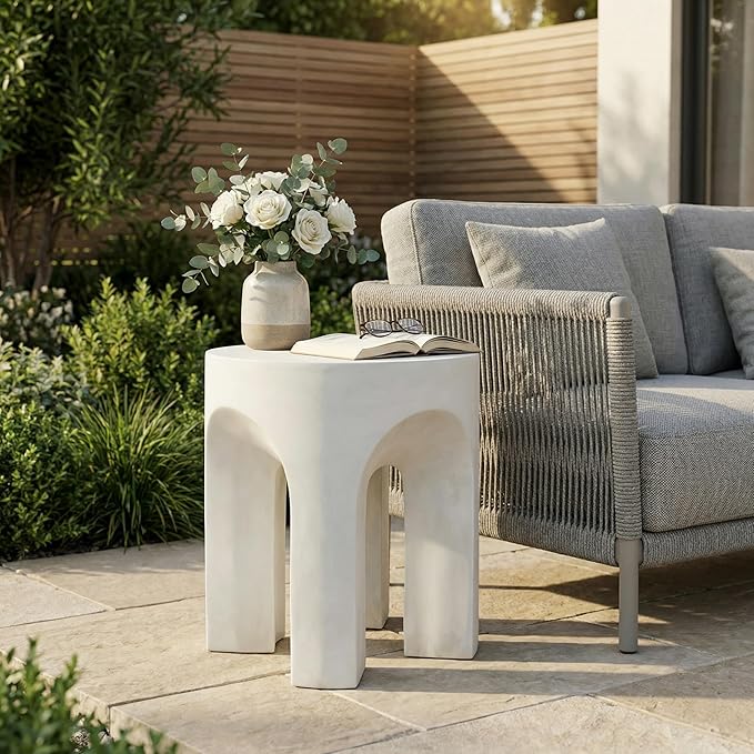 ø18'' Faux Concrete Cement Round Side Table End Table, Modern Contemporary Minimalist Style, MGO Material for Indoor & Outdoor, No Assembly, Antique White