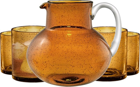 ARTLAND Iris 90oz Hand Blown Pitcher & Double Old Fashion 14oz Glasses (Set of 4) - Lead-Free Bubble Shape Glassware for Stylish Serving and Dining - Kitchen Essential & Table Decor (Amber)