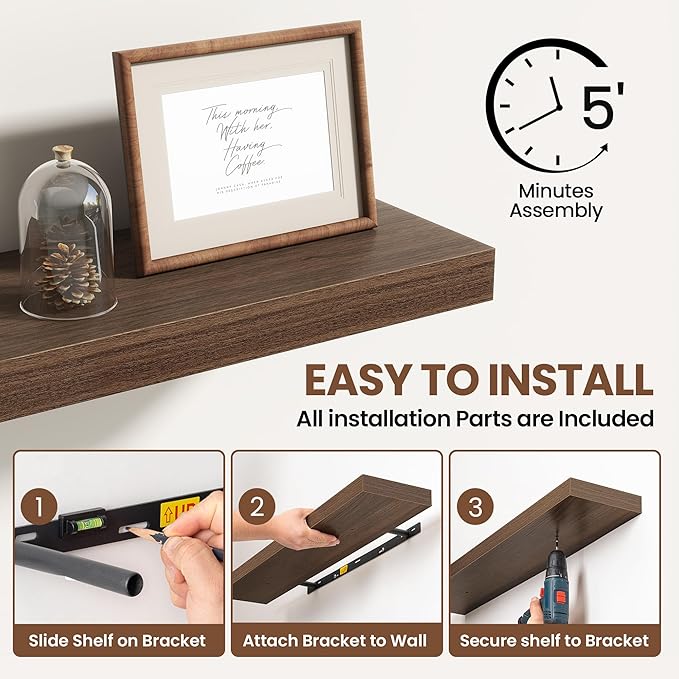 40 Inch Floating Shelves for Wall 2 Pack, 40" Wall Shelves for Books, Storage, Decor, Wall Mounted Floating Shelf with Invisible Brackets for Kitchen, Living Room, Walnut