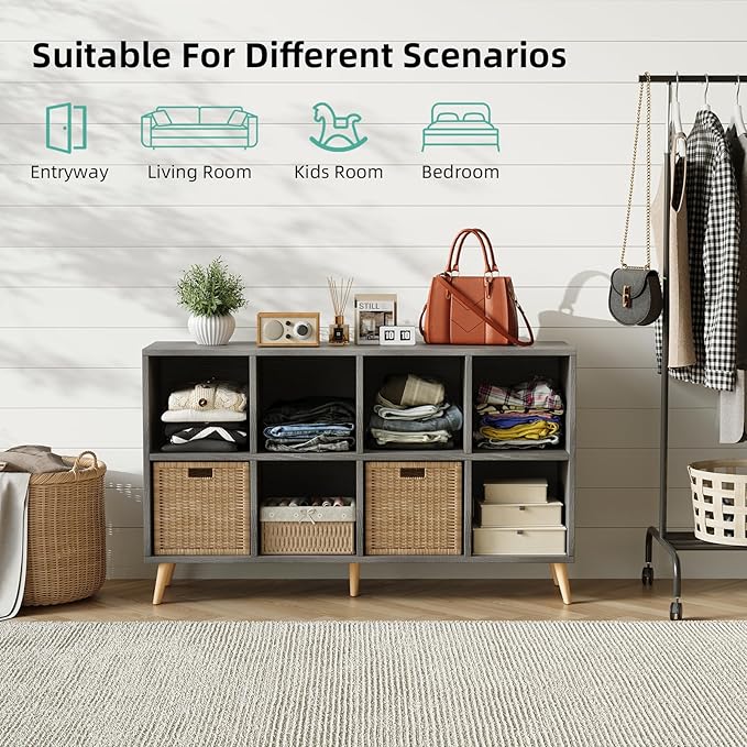Flrrtenv 8-Cube Bookshelf 2 Tier Retro Bookcase with Legs, 11in Shelf Opening, 47" Wood Bookshelves Storage Organizer Shelf, Freestanding Open Book Shelves for Bedroom Living Room Office,Grey Oak