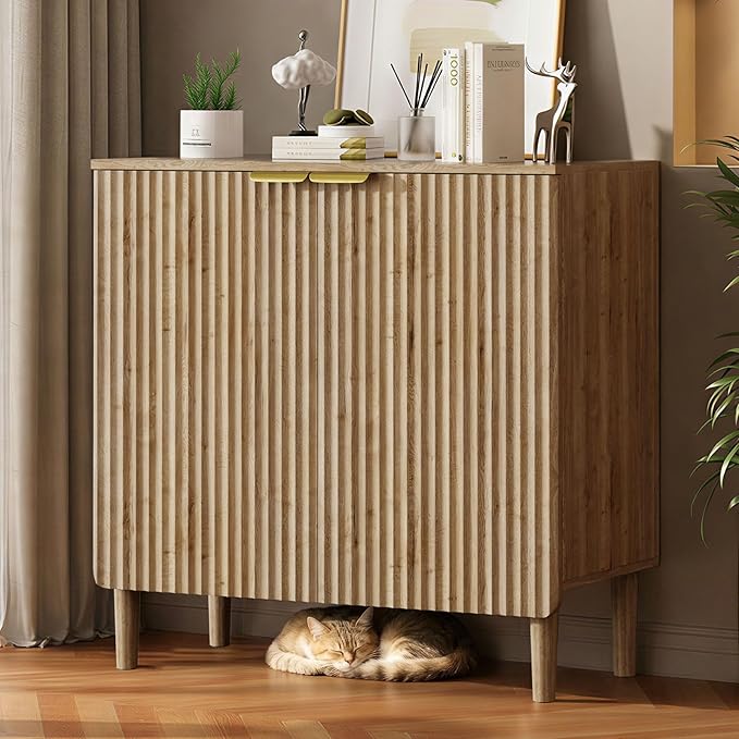 Sideboard Buffet Storage Cabinet - Wood Cabinets with Adjustable Shelves Fluted Doors, Anti-Tip Console Table for Kitchen Dining Living Room or Entryway Hallway, Easy Assembly, Natural