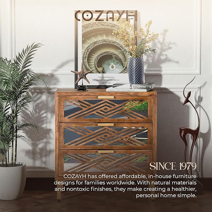 COZAYH 3-Drawer Accent Dresser, Geometric Mirror Front Drawer Organizer Chest with Metal Handles & Legs - Modern Living Room, Entryway, or Bedroom Furniture