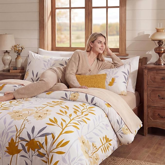 100% Cotton Duvet Cover Set King Size, Yellow Floral Bedding Set 3 Pcs Reversible Lightweight Comforter Cover for All Season(King, Yellow Botanical)