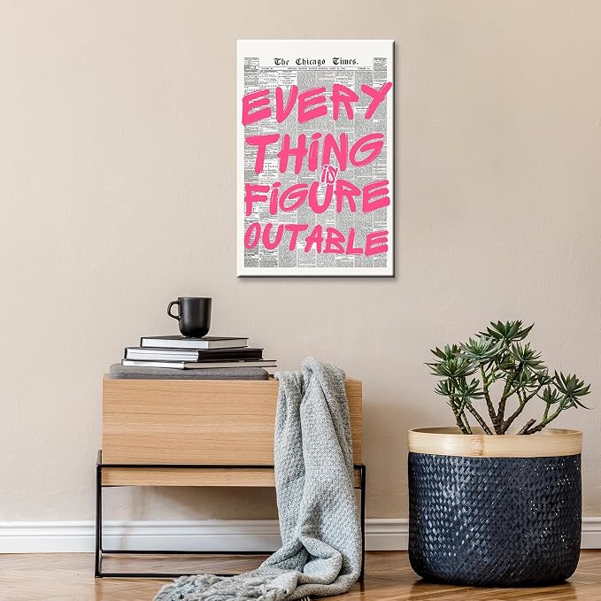 Every Thing Is Figure Outable Wall Art Retro Newspaper Pink Font Canvas Poster Positive Affirming Quote Minimalist Prints Painting For Home Bedroom Dorm Wall Decor Aesthetics 16x24in Framed