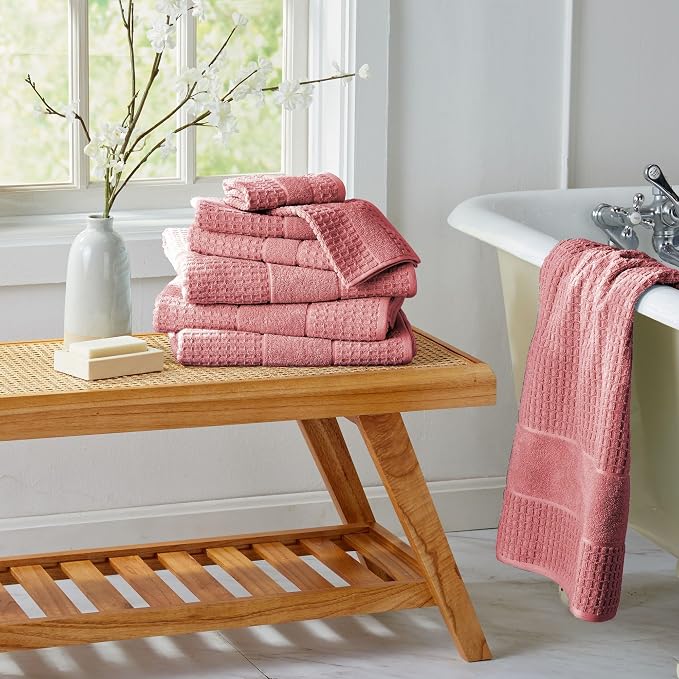 Market & Place 100% Cotton Super Soft Luxury Bath Towel Set | Quick-Dry and Highly Absorbent | Waffle Textured | 550 GSM | Includes 4 Bath Towels | Harper Collection (Rose)