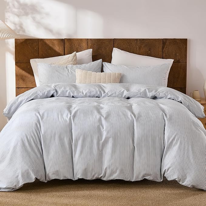 Merryword Striped Duvet Cover Set Queen Size - 100% Cotton Duvet Cover Set with Zipper Closure & 8 Corner Ties, Blue Pinstripe Bedding Set 3 Pieces, Soft Linen Like Bedding Set for All Seasons