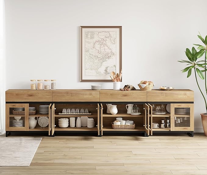 WAMPAT 4 in 1 Multifunctional Sideboard Buffet Cabinets with 8 Glass Doors and 4 Drawers, Modern Sideboard Credenza with and Metal Base, Coffee Bar Storage Cabinet for Living Room, Kitchen, Oak
