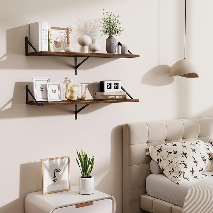 Walnut Deep Floating Shelves for Wall,36" Wx10 D Wood Wall Shelves with Metal Brackets,Hanging Storage Floating Shelf for Living Room,Bedroom,Bathroom,Office,Kitchen