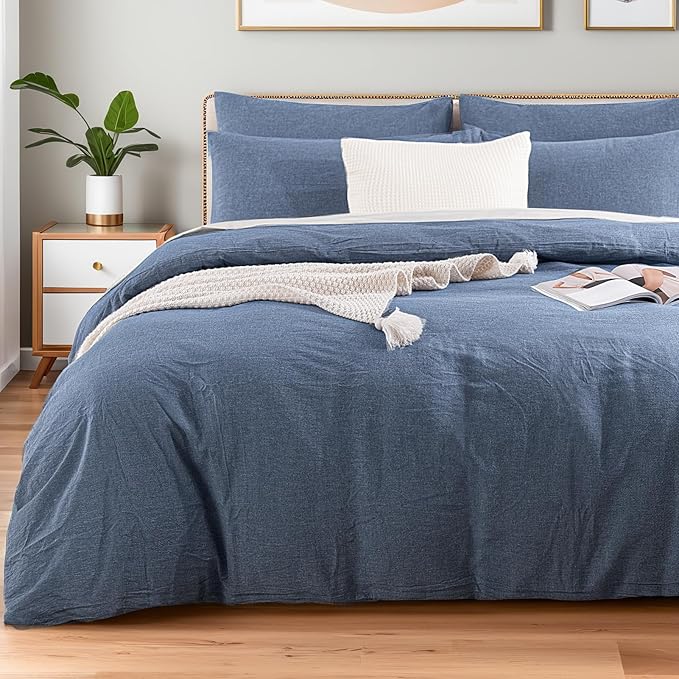 NEXHOME PRO Duvet Cover Twin 100% Washed Cotton, Heathered Blue Breathable, Durable, Textured, Linen Like, Home Bedding Set 68"x90"